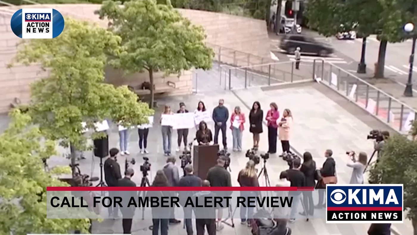 KIMA Action News aerial shot of the press conference: Call for Amber Alert review