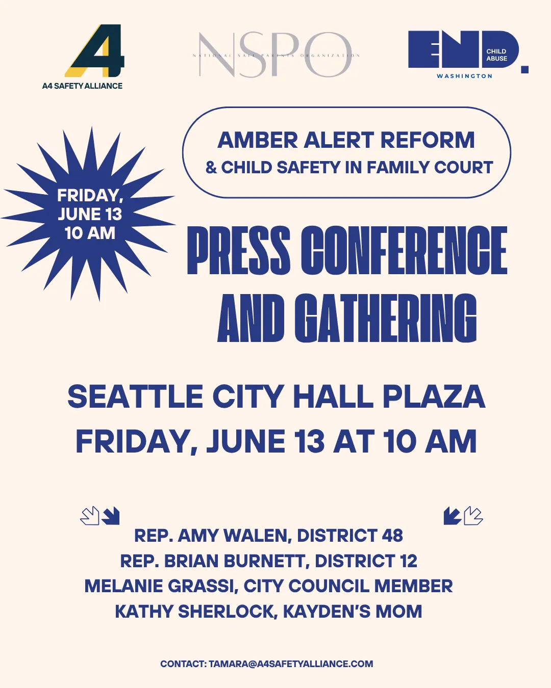 Flyer: Amber Alert Reform & Child Safety in Family Court — press conference and gathering, Seattle City Hall Plaza, Friday June 13 at 10 AM, with Rep. Amy Walen, Rep. Brian Burnett, Melanie Grassi and Kathy Sherlock